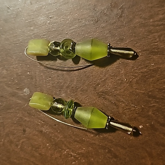 Handcraft Olive Green Lampwork Beaded Dangling Earrings, Pierce, 3". - Picture 2 of 3